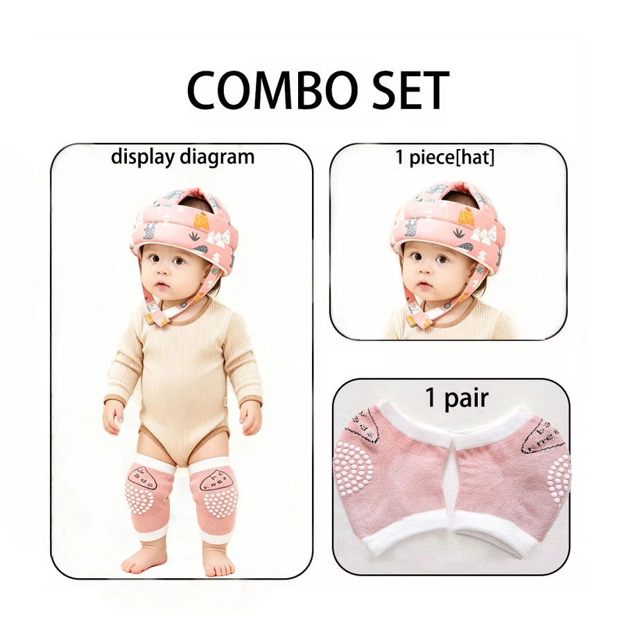 2-teiliges Set: Baby-Kopfschutzkappe + Baby-Knieschoner, in verschiedenen Farben erhältlich, Baby-Lauflern-Kopfschutz-Kombi-Set, Cartoon-Druck, verstellbares, sturz- und stoßfestes, weiches Kopfschutzpolster für Kleink – Detail 5