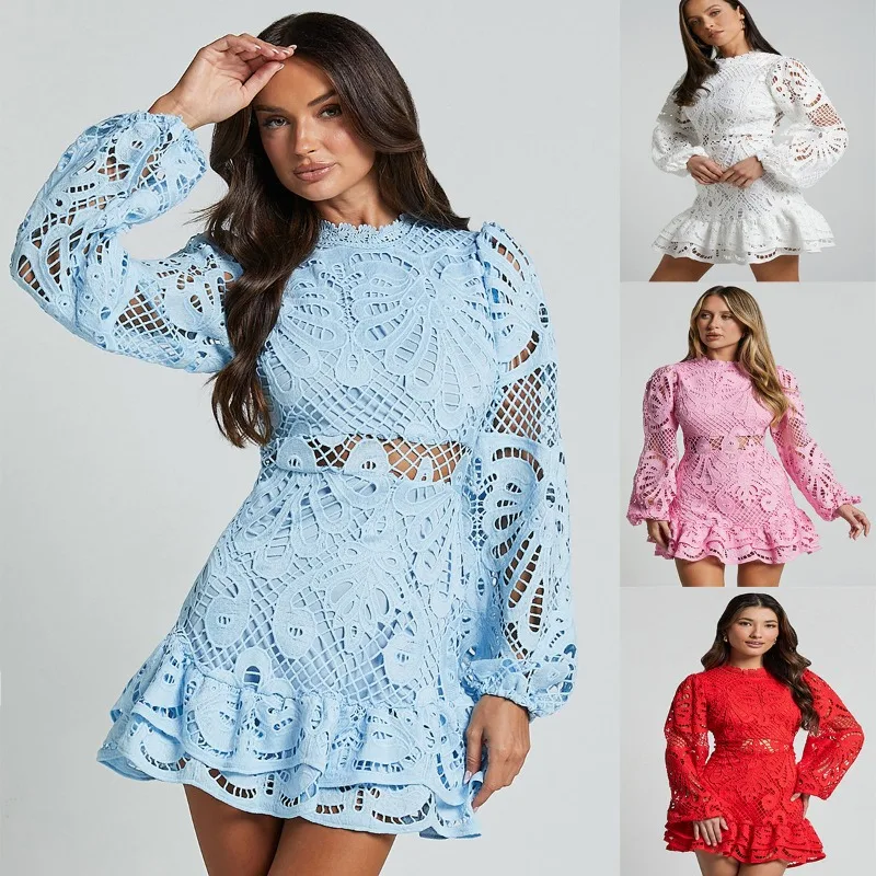 

Luxury High Quality Bell Sleeves Slim A-line Skirt Ruffled Hem Hollow-out Lace Dress Women Mini Dress Long Sleeve Dresses