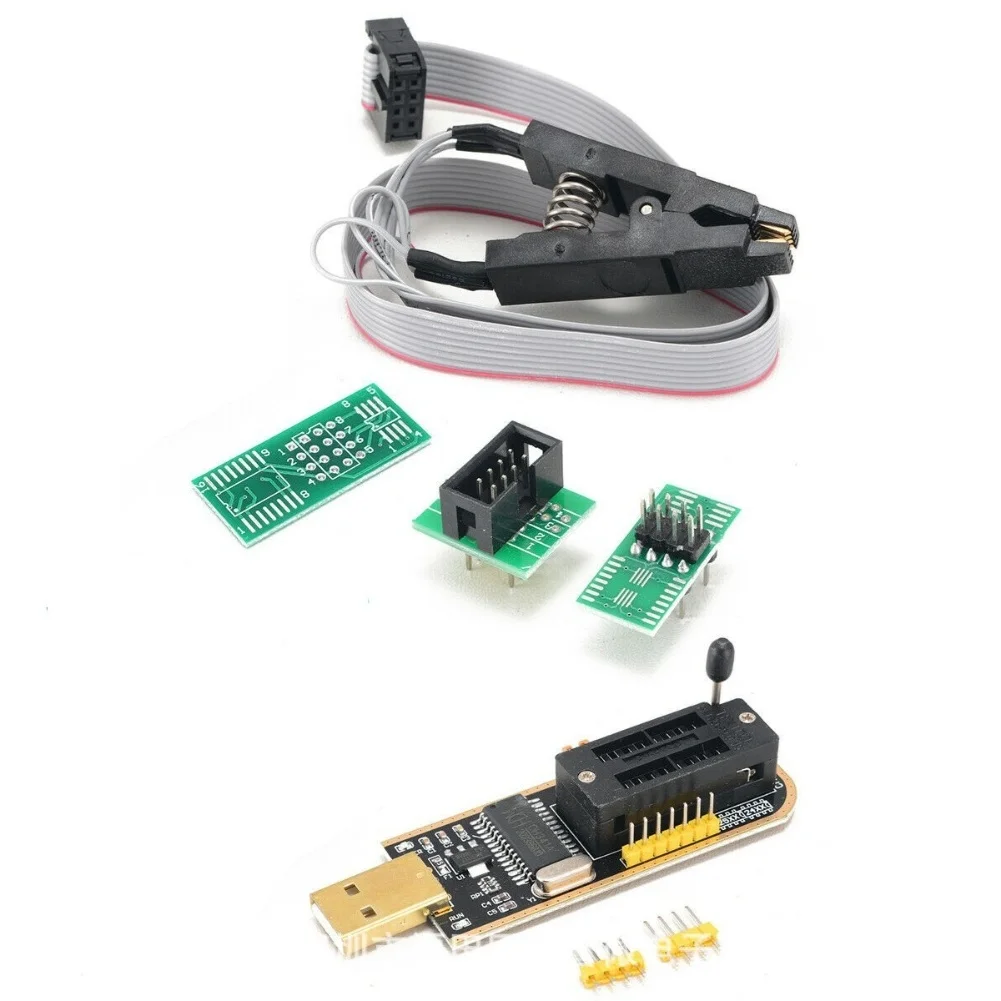 CH341B USB Programmer Tool Kit 24Cxx 25xxx EEPROMs SPI-s Flash 3.3V 5V SOP8 SOP16 With Test Clip No Solder Backup Erase Write