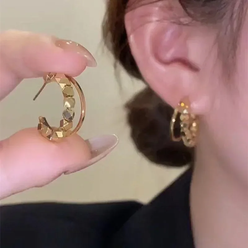 Creative Double Layers Bling Metal C Typed Drop Earring for Women Gold Color Geometric Elegant Sweet Jewelry Girl Gift