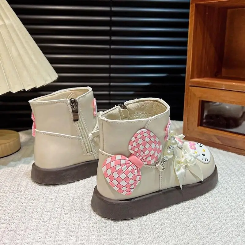 

Sanrio Hello Kitty Girls Princess Boots with Sweet Bows Kids Leather Boots Beading Elegant Autumn New Children Ankle Boots