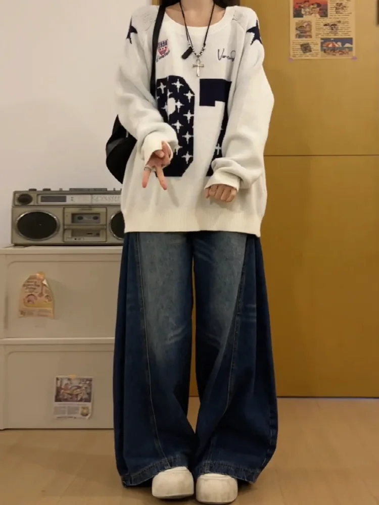 Sweet Cool Spicy Girl American Water Washed Knife  Jeans Women Loose Slimming Wide Leg Floor Length Pants Casual High Wai...