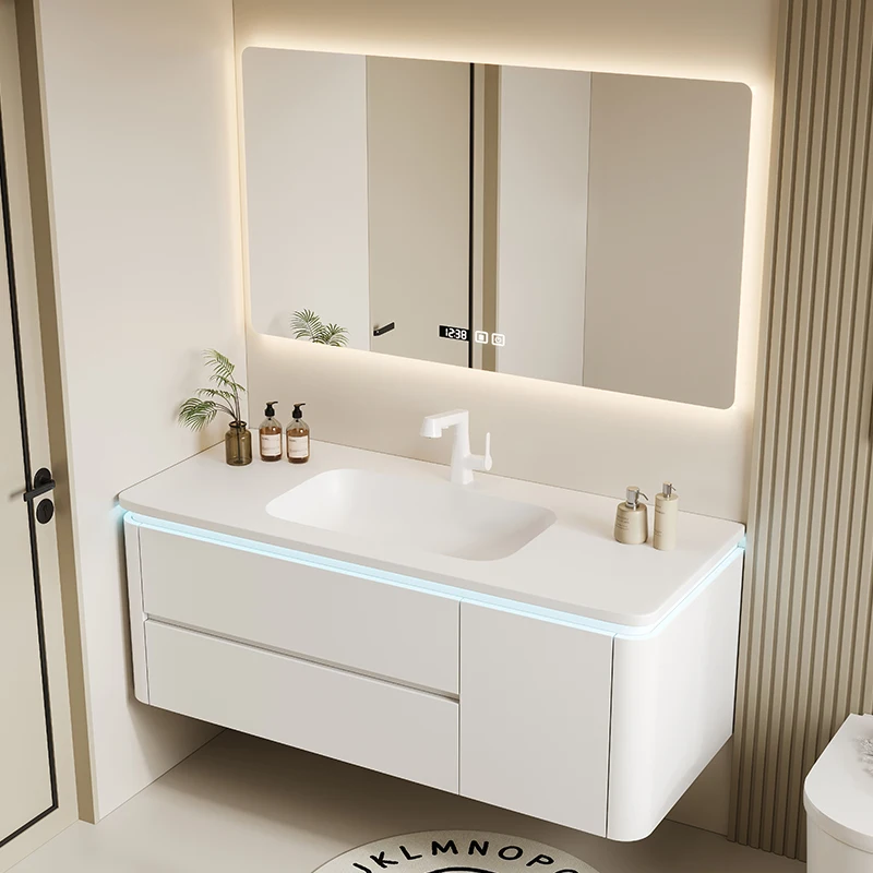 Light Led Modern Bathroom Cabinet Space Saver Mirror Storage Bathroom Vanity Toilet Luxury White Meuble Salle De Bain Furniture