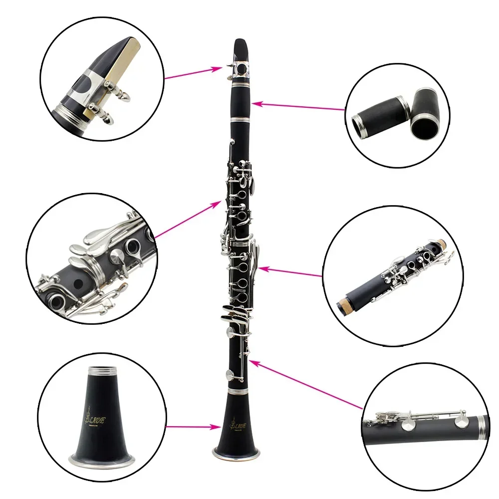 SLADE Professional Clarinet 17 Key Bb Flat Bakelite Clarinet Instrument Tube Clarinet with Case Strap Pads Trimmer Accessories