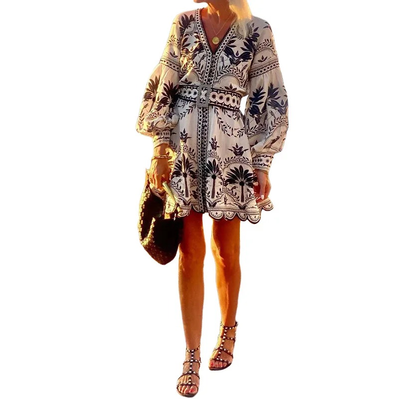 2025 유럽 및 미국 여성 봄 여름 신상 여성 패션 프린트 비치 루즈핏 반팔 원피스