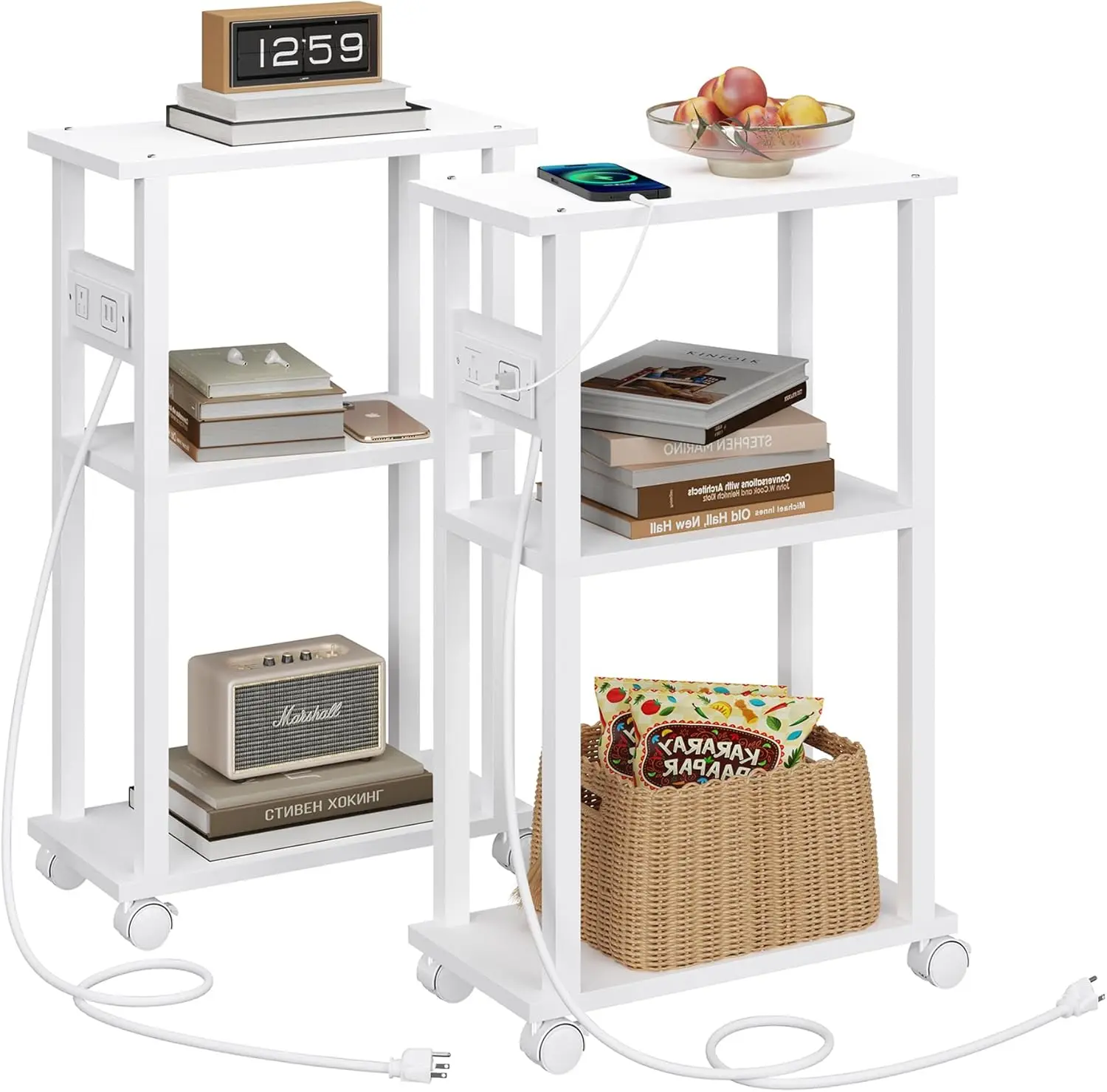 

Small Narrow Side Table with Charging Station, Set of 2 Skinny End Table for Small Spaces, Slim Nightstand with USB Ports and