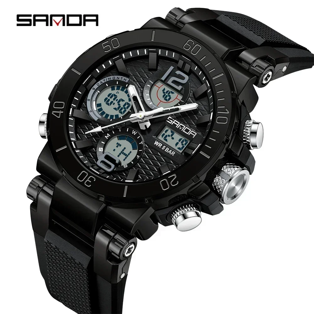 

SANDA 6167 Clock Wristwatch New Dual Screen Men's Digital Watch Nightlight Waterproof Multifunctional Popular Men's Alarm