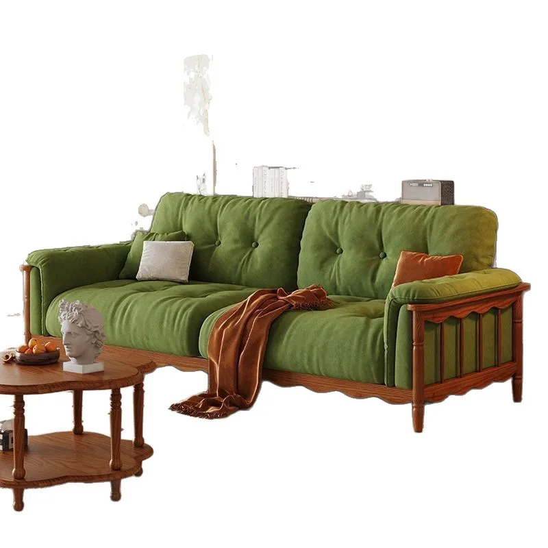 French retro all-solid wood oil wax leather sofa high-end light luxury cowhide straight row sofa living room solid wood leather