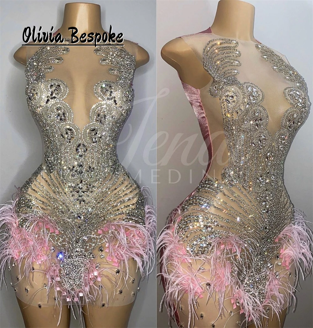 Stylish Pink Feathers Birthday Prom Dresses Beaded Rhinestones Sheer Mesh Homecoming Dress Black Girls Mini Cocktail Gowns