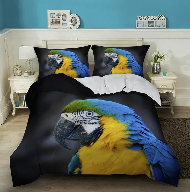 Macaw Bedding Set King/Queen Size Colourful Parrot Duvet Cover Kids Boys Natural Tropical Green Plant Bird Polyester Quilt Cover