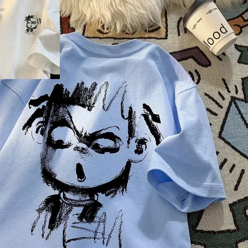 여름 프린트 반팔 티셔츠 남성 여름 트렌디 브랜드 신상 반팔 청소년 라운드넥 루즈핏 티셔츠 반팔