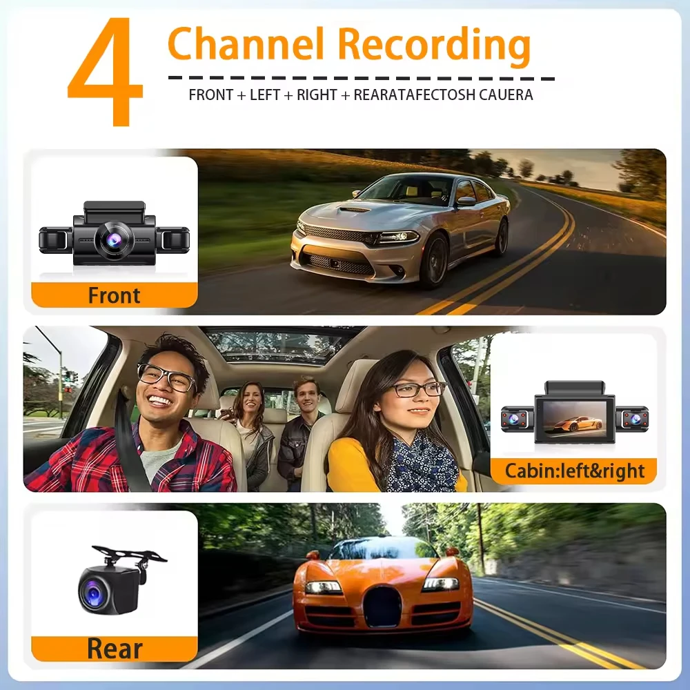 2K 1080P 4-Channel 360 Panorama Car DVR Night Vision WiFi Dash Cam Auto Video Recorder Car 256GB Storage Dash Camera Dual Lens
