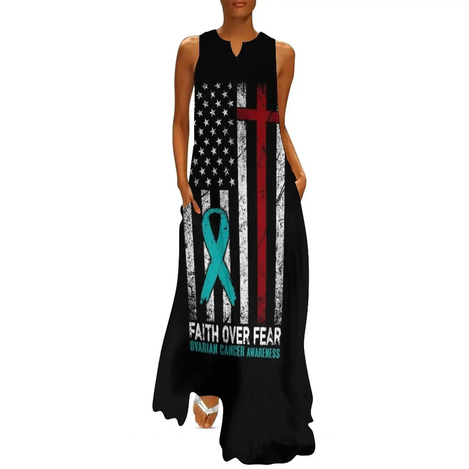 

Christian Distressed USA Flag Cross Faith Over Fears Ovarian Cancer Awareness Long Dress evening dress ladies Dress