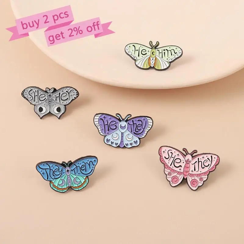 My Pronouns Enamel Pins Custom Cats Butterfly He Him She Her They Them Brooches Lapel Badges Jewelry Gift for Kids Friends