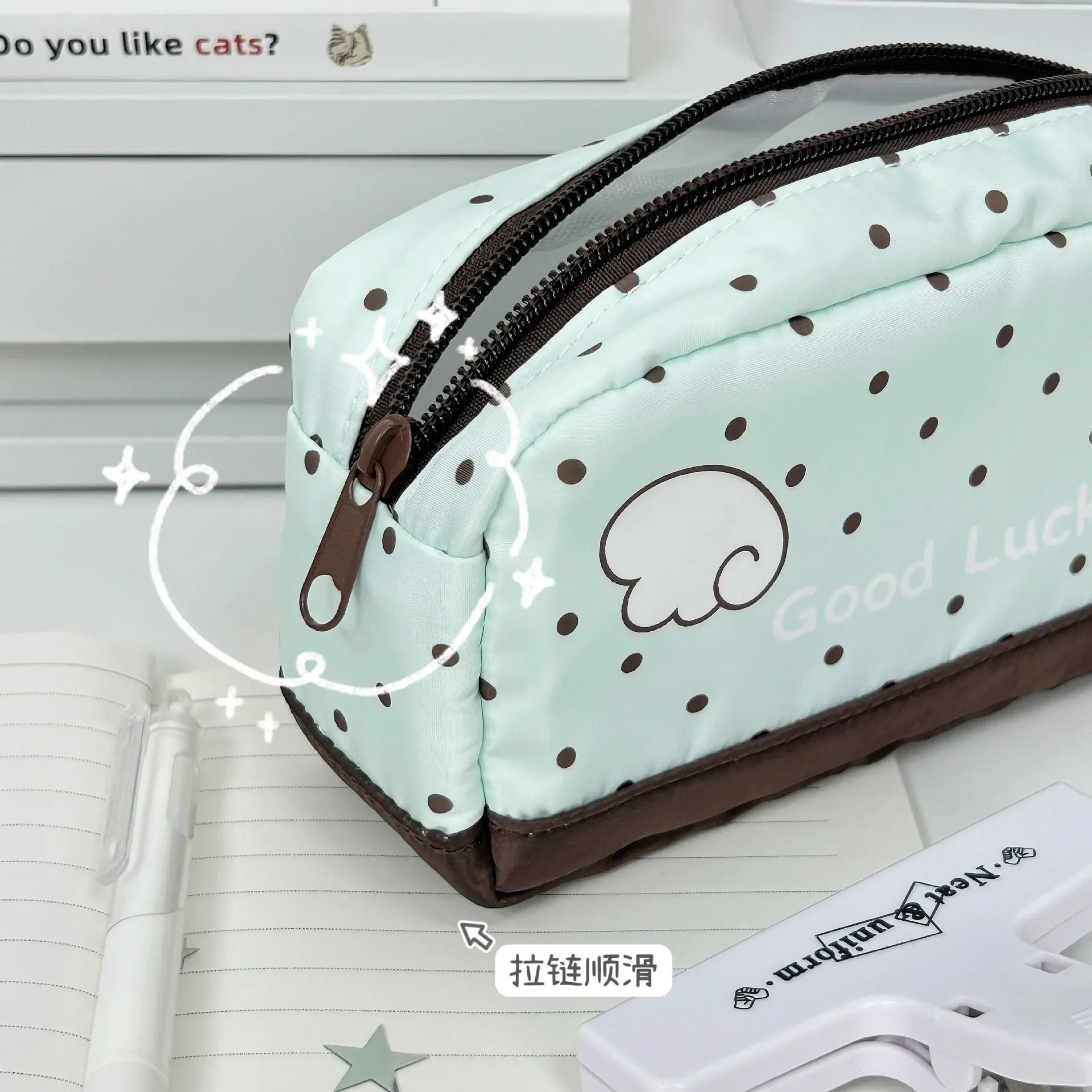 Mint Green Polka Dot Winged Bunny Pencil Case, High Aesthetic Large Value, Capacity, Multi-layer Stationery Storage Bag