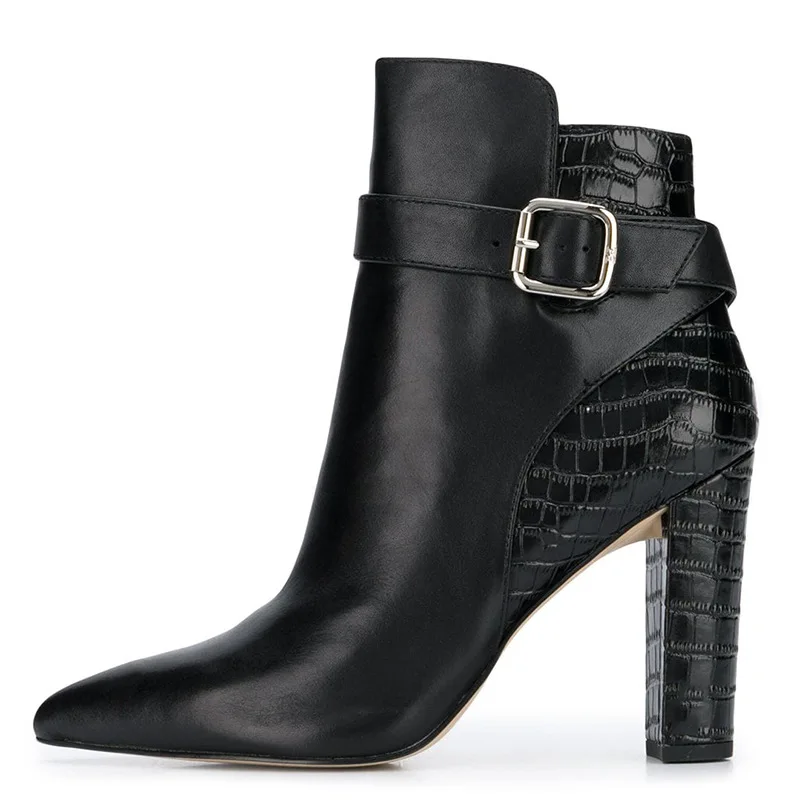 

New Chunky Block High Heel Short Ankle Boots Pointed Toe Booties For Women Belt Buckle Side Zipper Zapatos Mujer Large Size 46