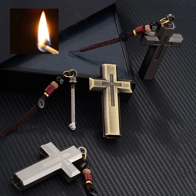 

Cross Shape Metal Lighter with Necklace Windproof Outdoor Survival Kerosenes Fire Starter Portable for Men's Collection