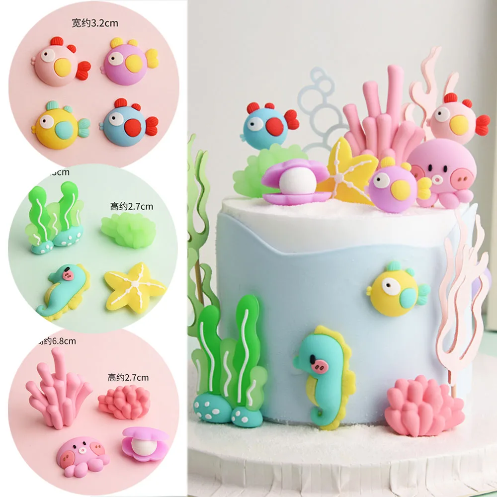 Ocean Theme Cake Decoration Cute Cartoon Fish Seaweed Starfish Seahorse Octopus Pearl Shell Kids Favor Birthday Cake Decor