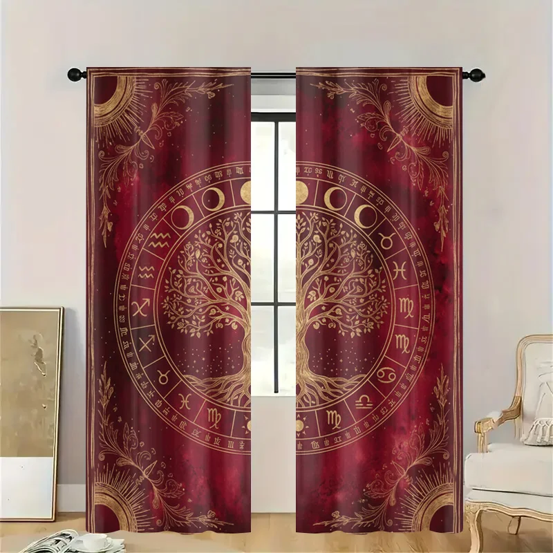 Luxury Zodiac Constellation Astrology Curtains Maroon Gold Celestial Constellation Window Drapes Decorative Panel Semi Sheer Win