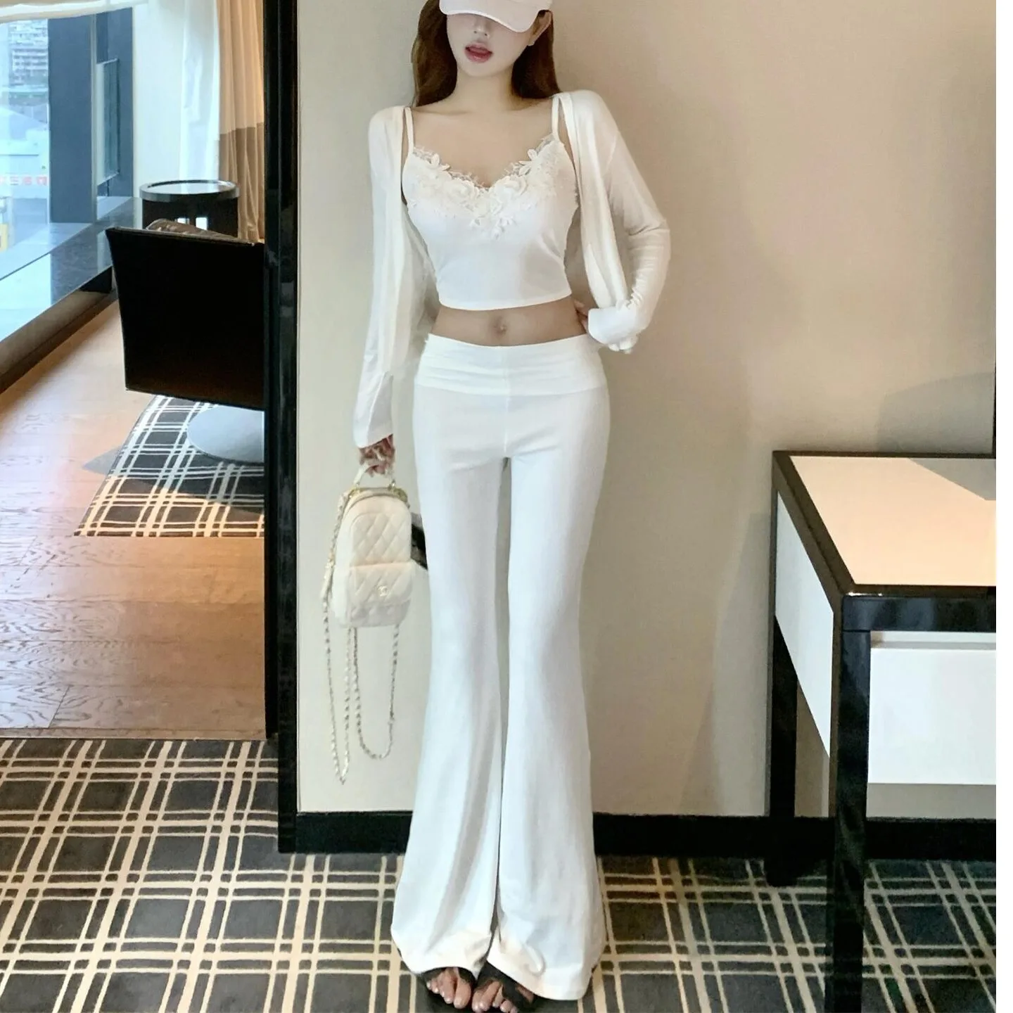 

Dongda Gate Faion, кружевной жилет с ремешком, осенний колокольчик, приталенный открытый кардиган, комплект футболок, женский повседневный комплект