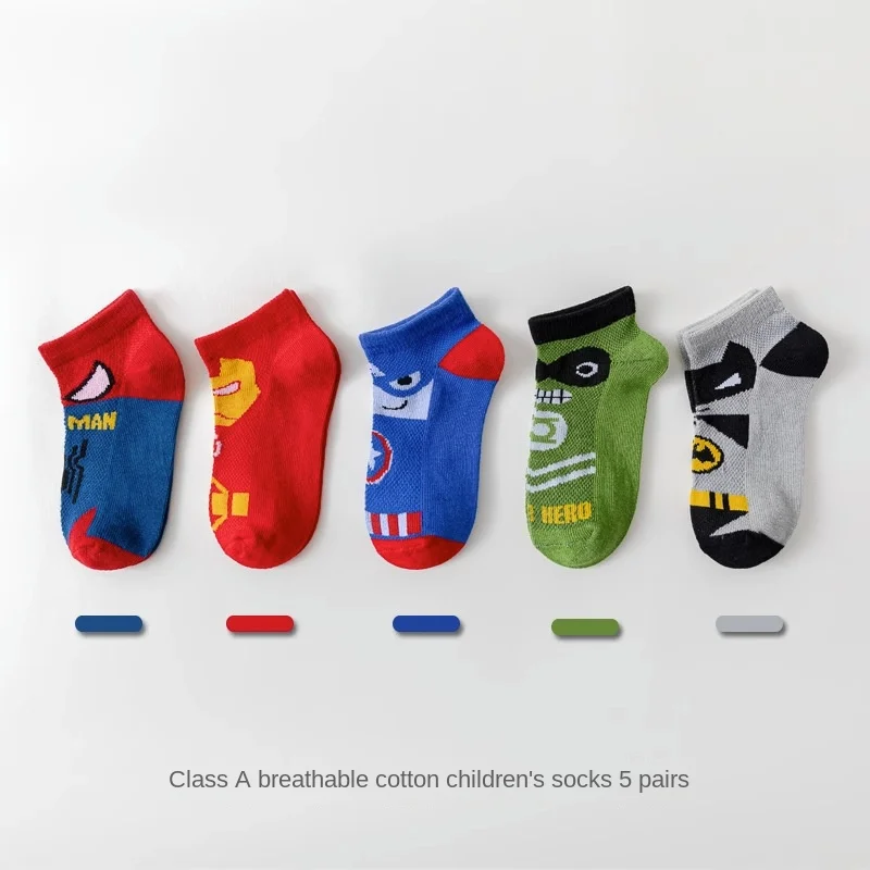 5 Pairs of Spring and Summer Thin European and American Fashion Cartoon Mesh Breathable Comfortable Sports Boys Cotton Socks