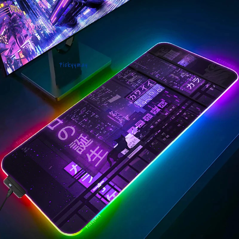 Large RGB Mouse Pad XXL Purple City Neon Mousepad LED Mouse Mat Japan Mousepads Table Pads Keyboard Mats Desk Rug With Backlit