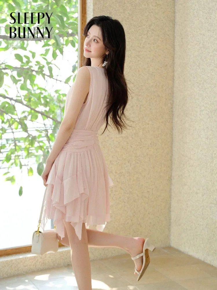

Women Pink Gentle Style Sleeveless Dress Spring Petite Waist Cinching Chiffon Mini Dress for Lady Elegant Casual Romantic Gown