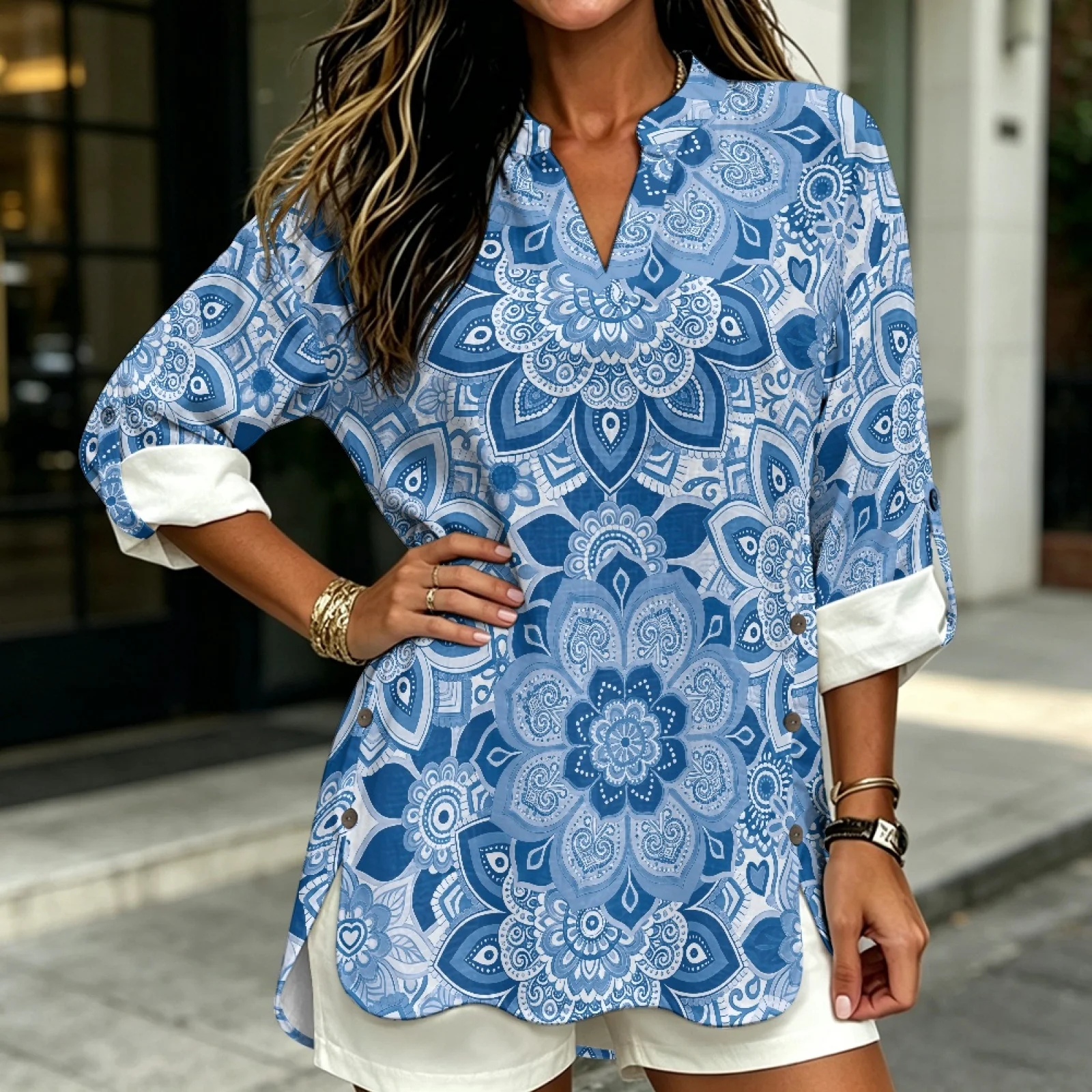 PENSTROLL Blue Mandala Linen Style V Neck Blouses Stylish Long Sleeve Blouses for Spring Sizes S-5XL