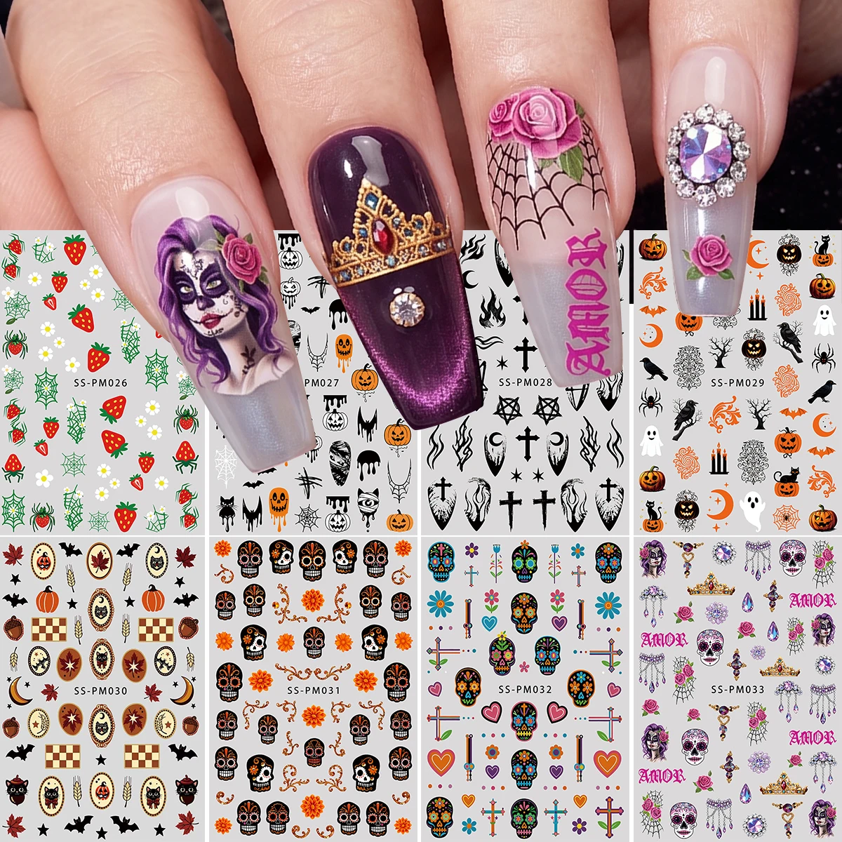 8 Stück Halloween-Nagelkunst-Aufkleber, 3D-Nagelaufkleber mit Totenkopf-Blumen, Kürbis, Spinne, Fledermaus, selbstklebend, DIY, festliche Dekoration