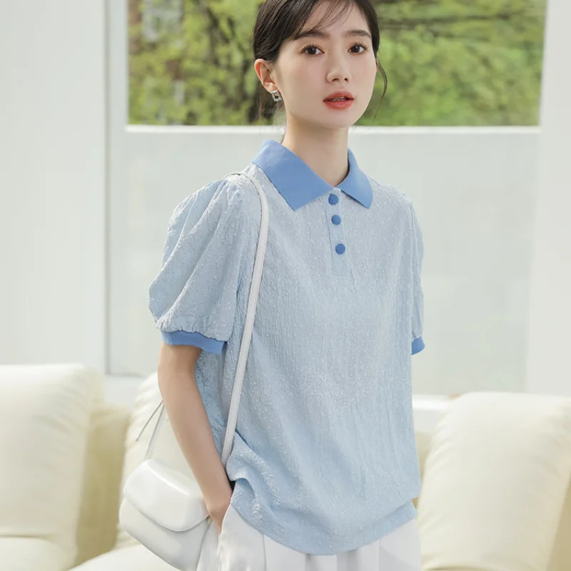 T-shirt estive con maniche a sbuffo Patchwork da donna coreano nuovo colletto rovesciato bottoni top moda blu cotone femminile Casual Tees Pop