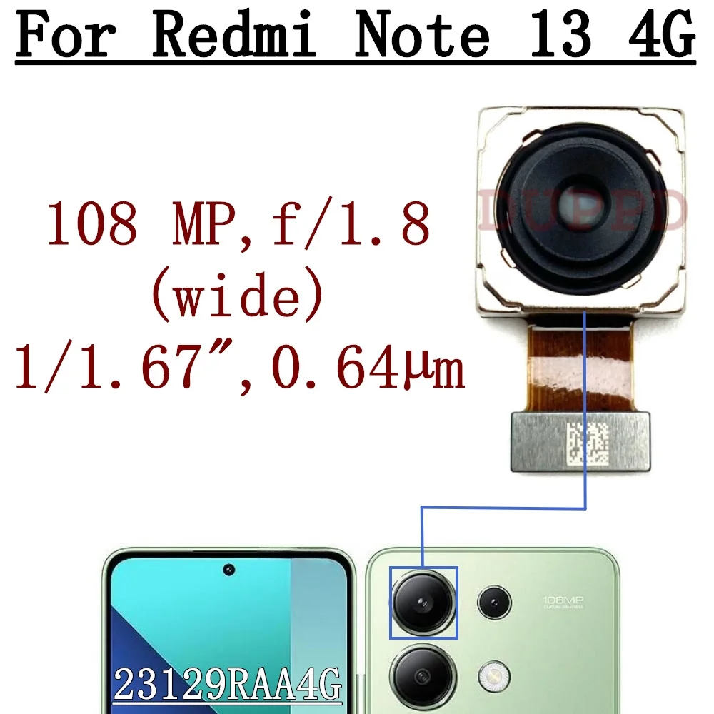 Fotocamera posteriore anteriore per Xiaomi Redmi Note 13 Note13 4G Selfie frontale rivolto verso il retro cavo flessibile del modulo della