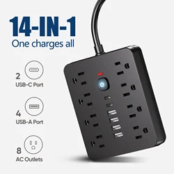 1 PC 14-in-1 power strip with surge protector, 8 AC ports, 4 USB ports and 2 Type-C ports. Wall mountable power extension