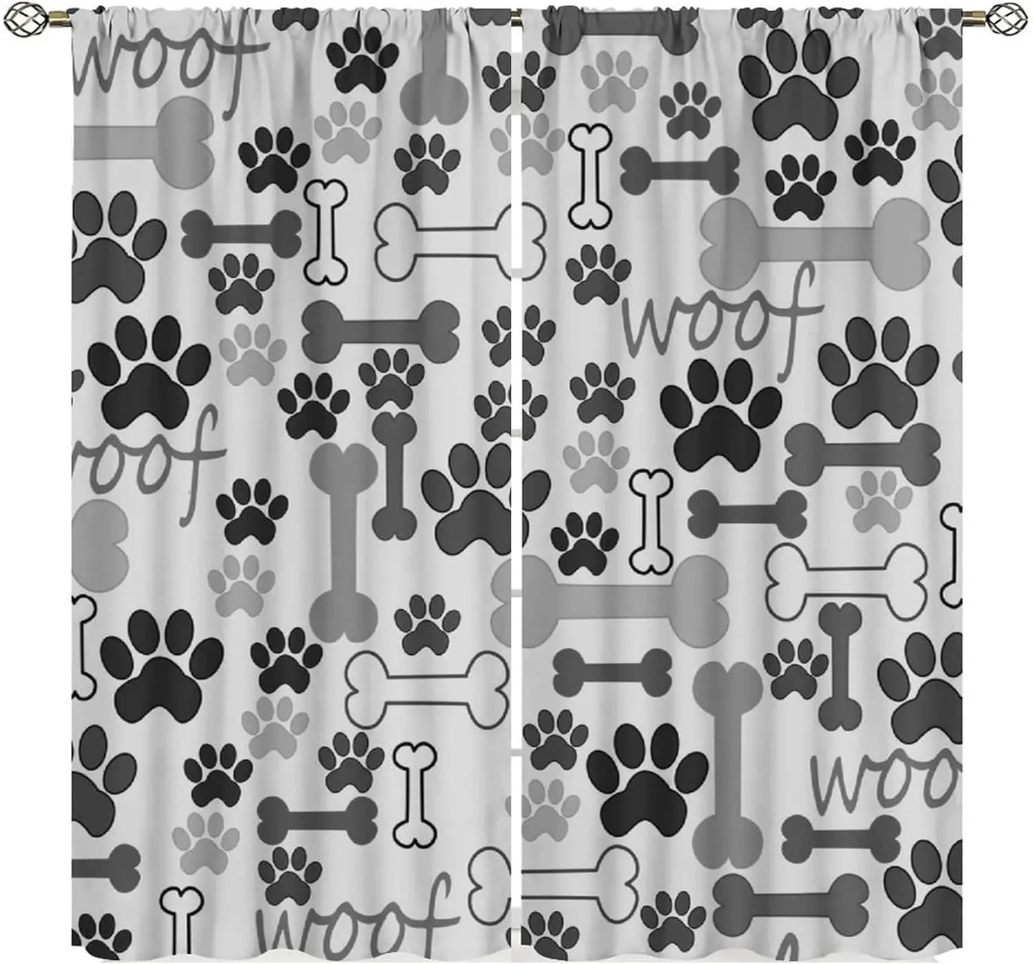 Dog Paw Print Curtains, Grey Cartoon Dog Paw and Bones Window Treatment Thermal Insulated Curtain for Kids Living Room Bedroom