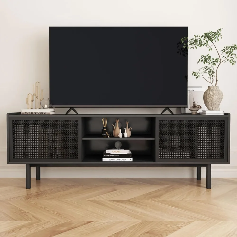 

TV Stand for TVs Up to 70 Inch, Accent Iron Rattan Storage Cabinet Television Stands Entertainment Media Center Console Table wi