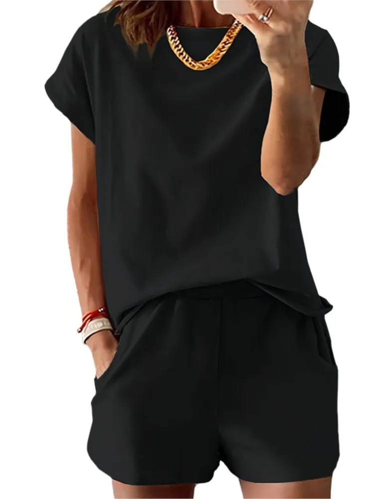 

Women's O-neck Comfortable Top Elastic Waist Pocket Loose Shorts Two-piece Set 2026 Summer New Fashion Solid Color Shorts Set