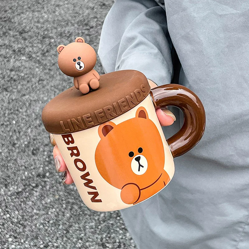 Kawaii Line Friends Mug Cartoon Brown Doll Girl Ceramics with Lid Handle Cups Cute Cony Couple Coffee Cup Gift Child Milk Cup