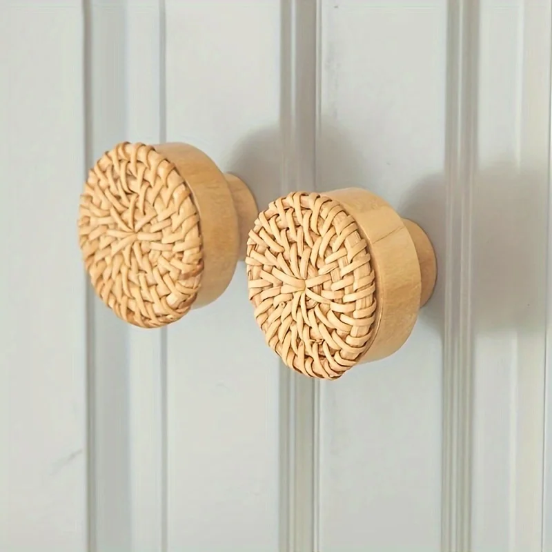 6 Pack Boho Rattan Dresser Knobs Durable Beech Wood Drawer Knobs Handmade Wicker Woven Pulls with 6 Screws