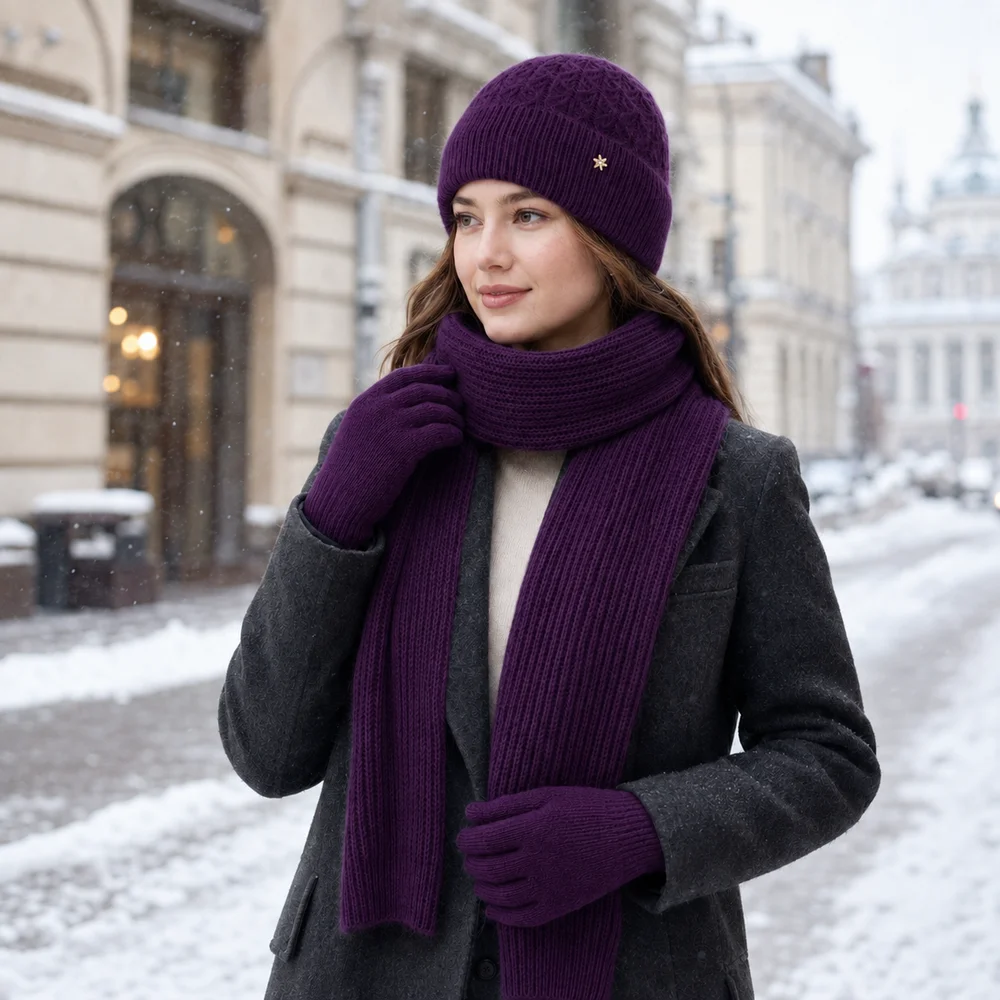 3Pcs Women’s Winter Knit Set Warm Beanie Hat Long Scarf Touchscreen Gloves Soft Thermal Outdoor Cold Weather Accessories