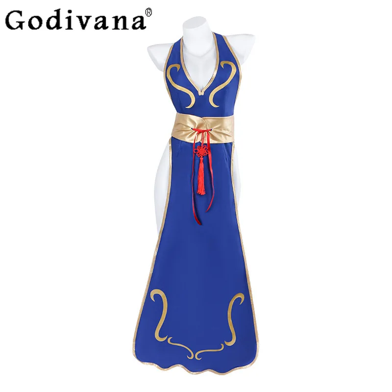 فستان رقص كوسبلاي أزرق برقبة رسن وفتحة عالية من شيونغسام فستان نسائي مثير لعبة مقاتلة الشارع فستان الهالوين للفتيات