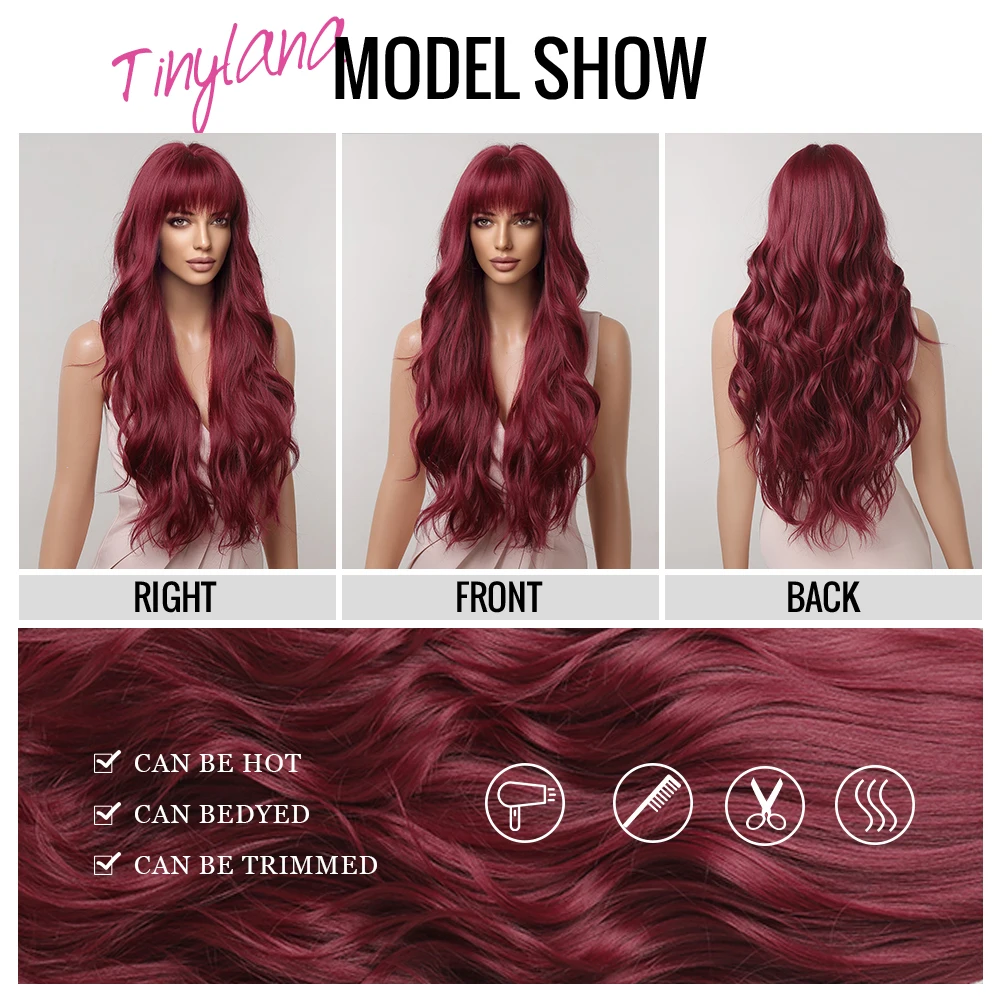 Burgundy Dark Red Synthetic Wigs Long Wavy Wine Red Cosplay Wig with Bangs for Women Natural Body Wave Halloween Heat Resistant