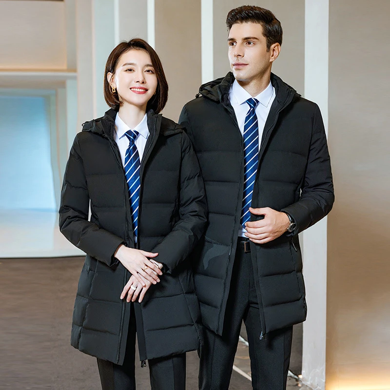 

Черное приталенное профессиональное пуховое пальто из хлопка, удлиненная рабочая куртка из хлопка для отелей, зимняя рабочая одежда для женщин в ювелирных магазинах