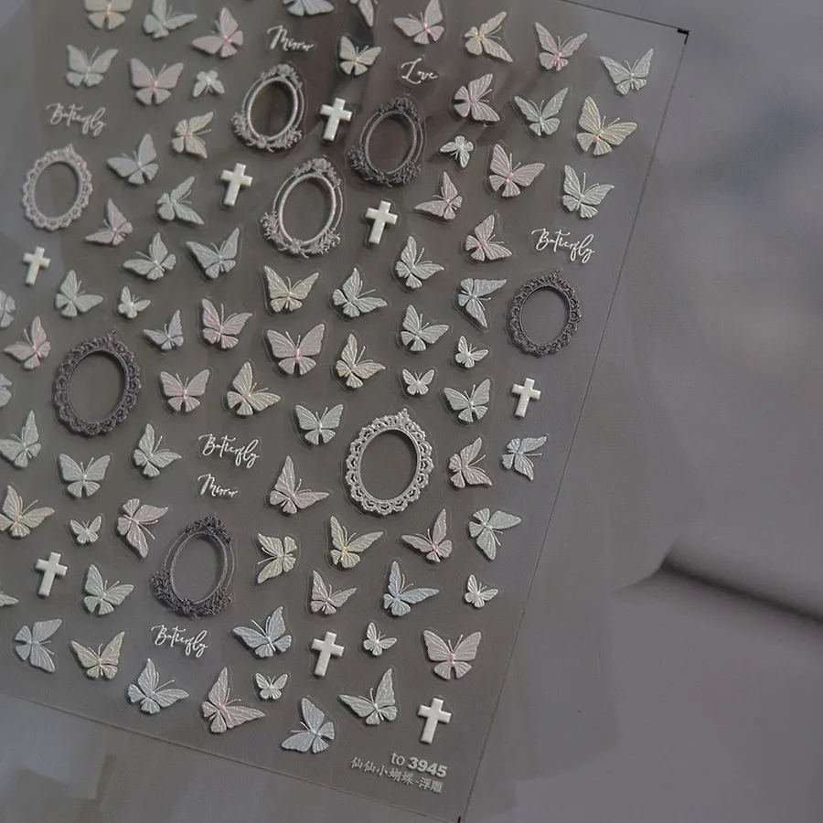 1 pezzo di 5D shell light butterfly nail sticker light luxury retro picture frame decorativo relief jelly decorativo sticker