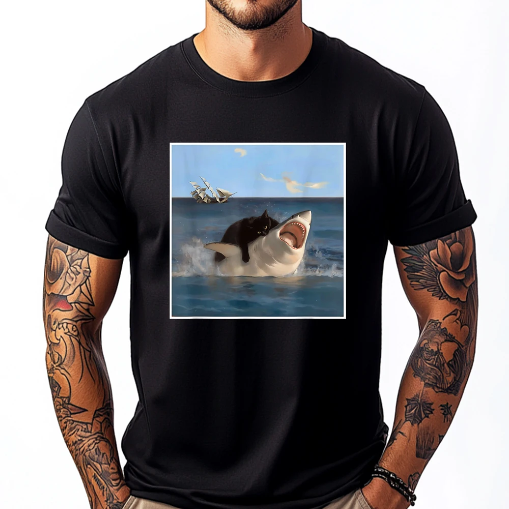 

funny Art Cat Lover Quote Cat Biting Shark Cool Fat Cat Cream T Shirt Youth Natural Luxury Brand Plus Size