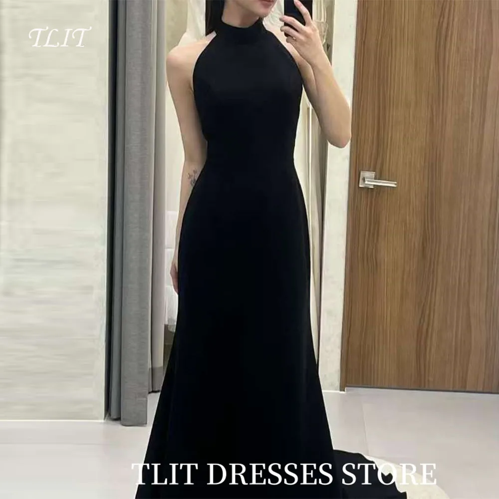 

TLIT Simple Black Satin Evening Dress Korea Wedding Dress Photo Shoot Halter Sleeveless Prom Gowns Customized Floor-Length Gowns