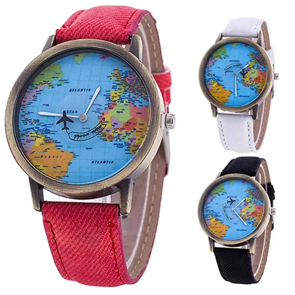 Fashion Quartz Watch Men Women World Map Dial Denim Fabric Strap Analog Quartz Students Wrist Watch Clock Business Wristwatch