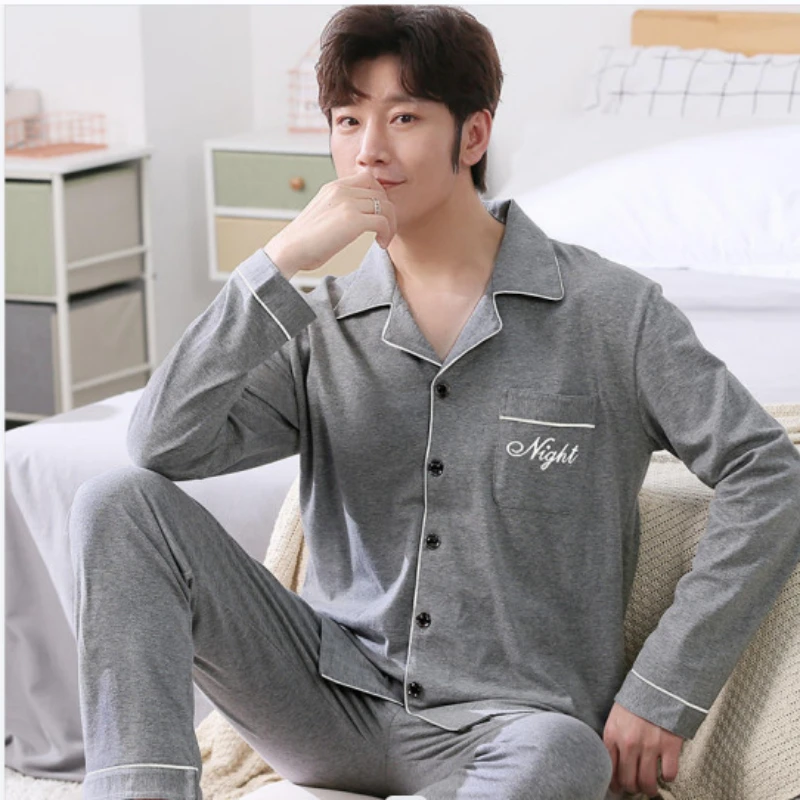 Men Pure Cotton Pajamas Suit Spring Autumn Long-sleeved Loungewear 100% Cotton Sleepwear Male Soft Breathable Nightcloth Gents