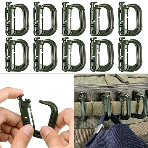 

10 Pack Multipurpose D-Ring Grimlock Locking for Molle Webbing with Zippered Pouch Sturdy For Attaching Lanyards And Accessories