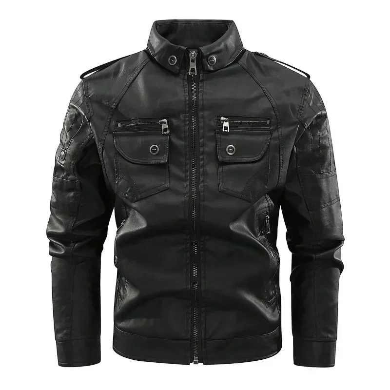 Men's Washed Retro Pu Leather Jacket Multi-pocket Stand Collar Punk Handsome Leather Coat