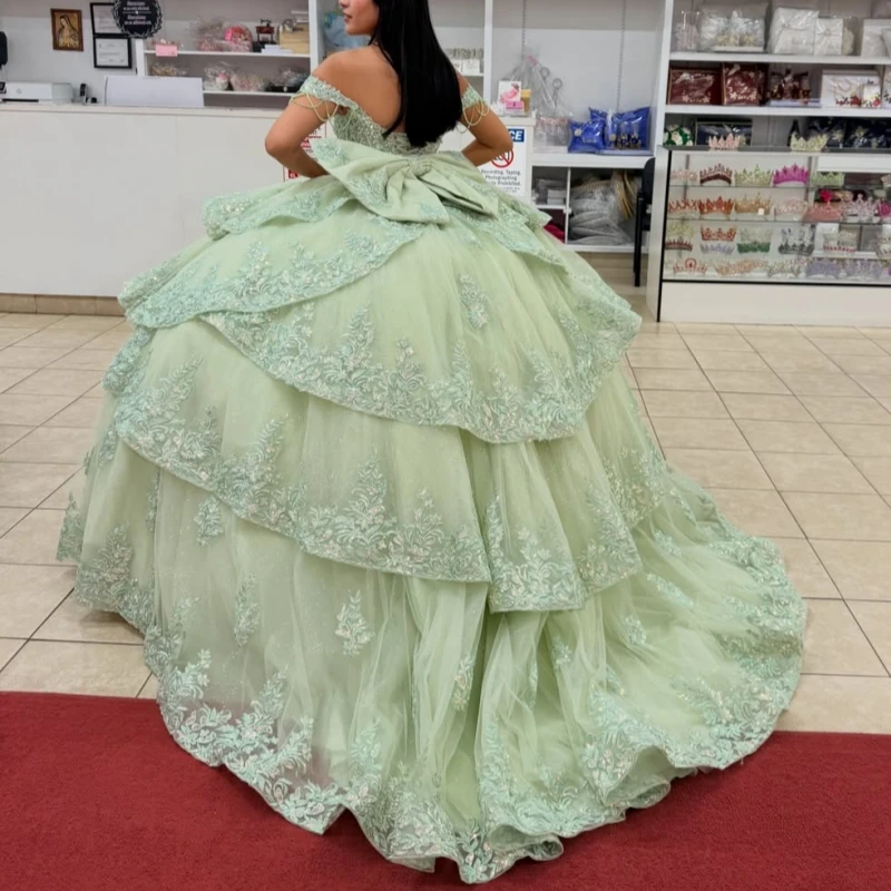 Sage Green Glitter Quinceanera Dresses Off Shoulder Ball Gown Sweet 16 Dress Applique Beads Bow Tull Corset Party Birthday Vesti