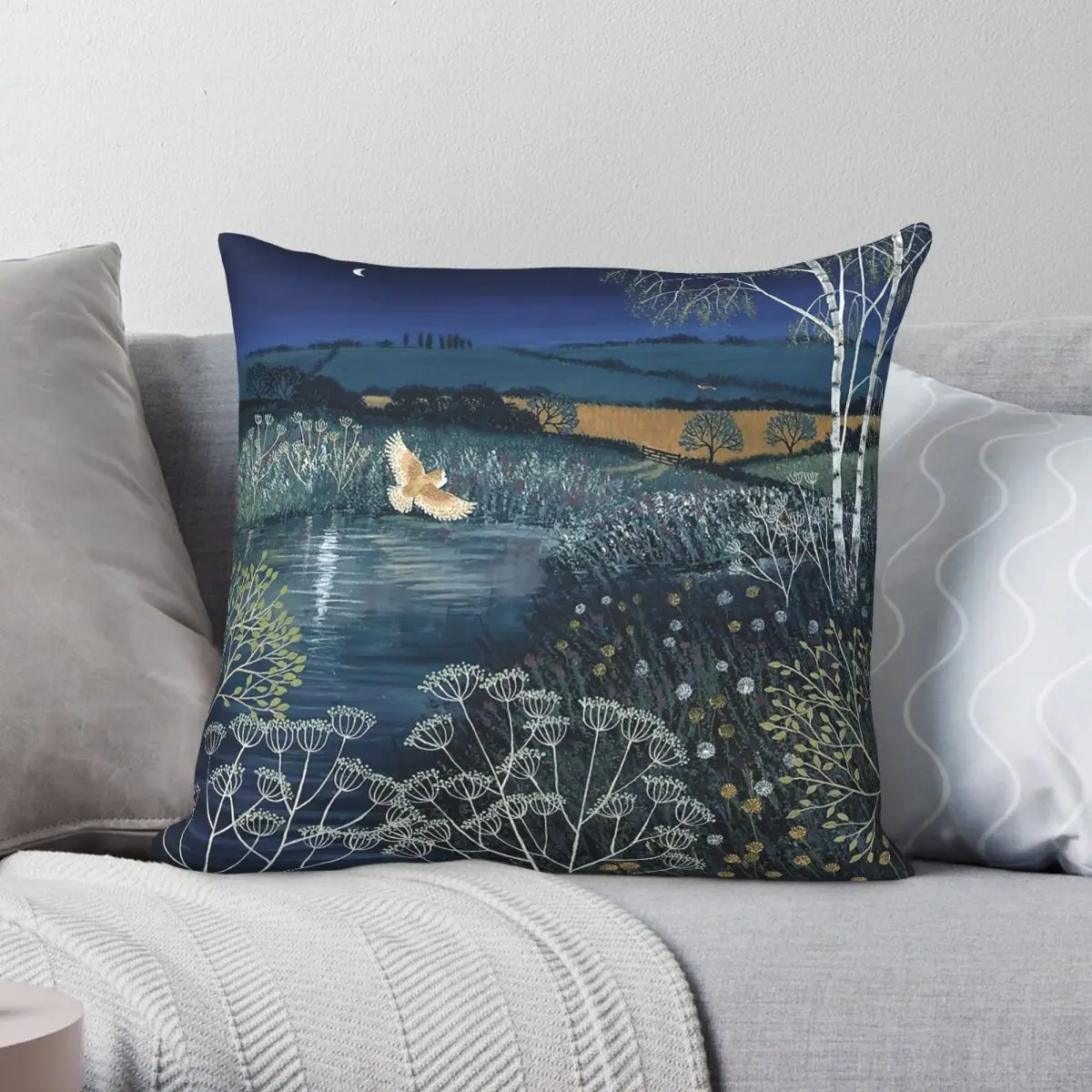 Over Moonlit Pool Owl Square Pillowcase Polyester Linen Velvet Creative Zip Decorative Car Cushion Cover